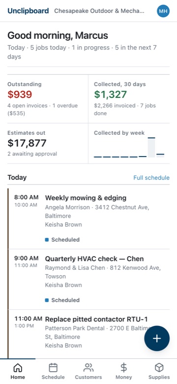 Unclipboard home screen showing today's jobs, outstanding invoices and estimates awaiting approval
