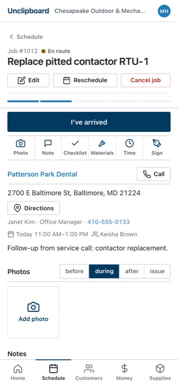 Unclipboard job screen on a phone with arrival, photo, note, checklist and signature actions, sample data