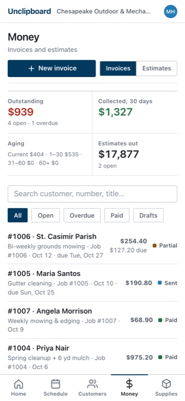 Unclipboard money screen listing invoices and estimates