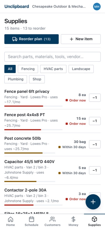 Unclipboard supplies list with stock levels