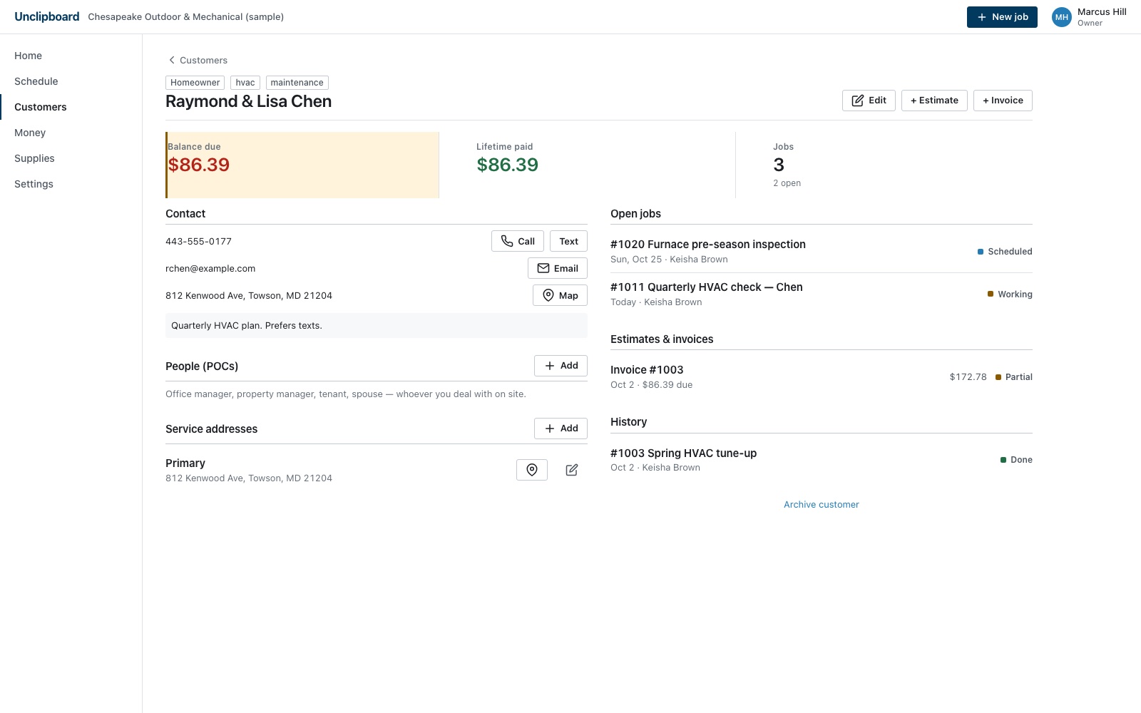 Unclipboard customer record on a desktop browser with jobs and history, sample data