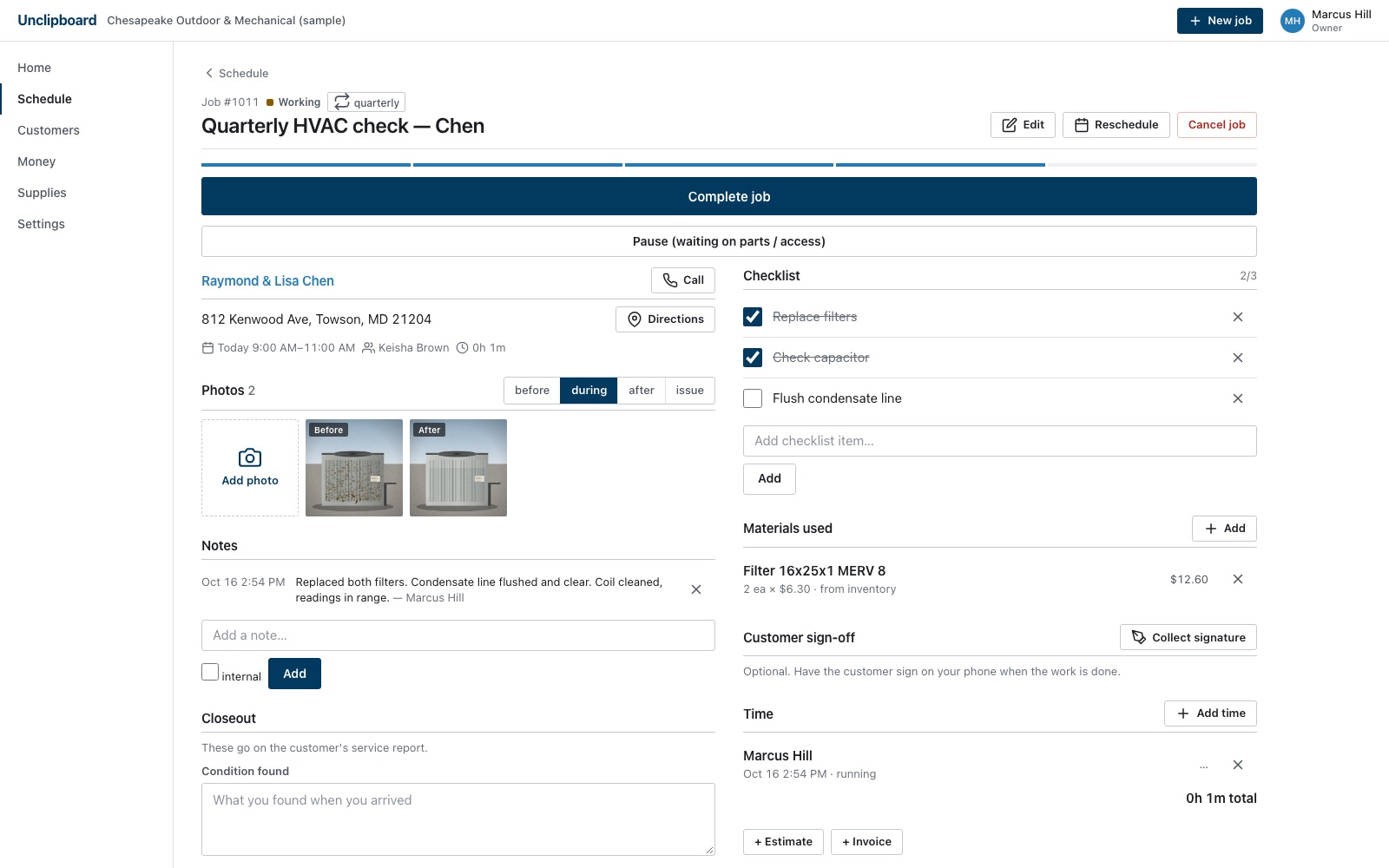 Unclipboard job record on a desktop browser with status, checklist, photos and materials, sample data