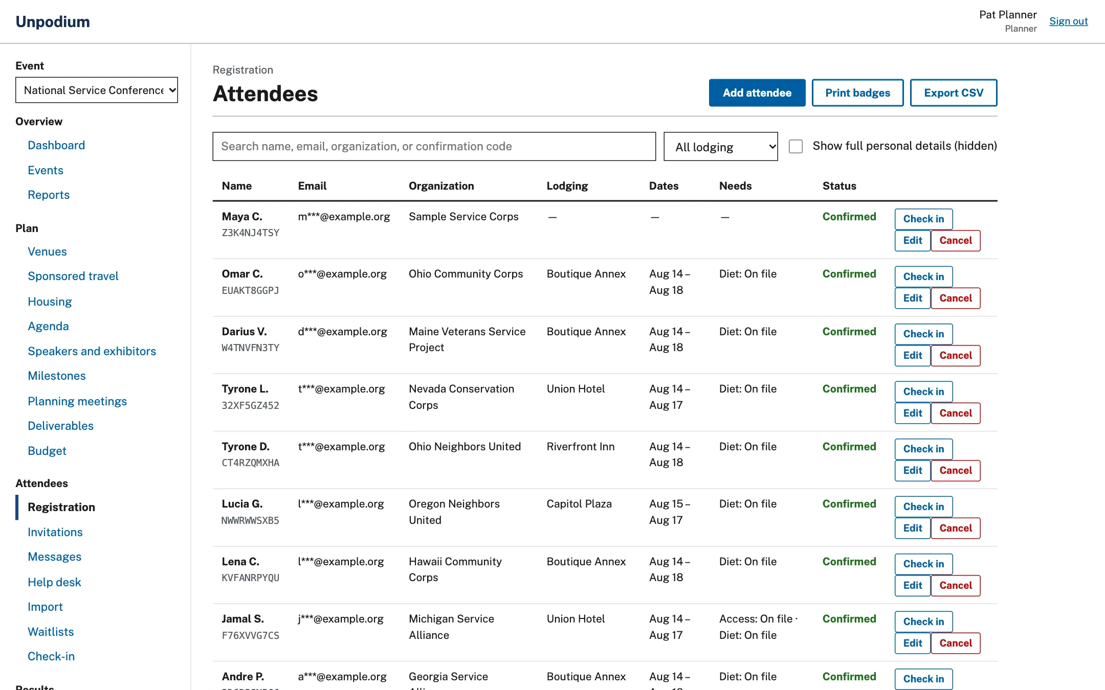 Unpodium attendee list with masked email addresses, sample data