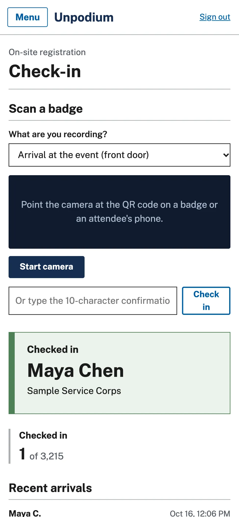 Unpodium on-site check-in on a phone, sample data