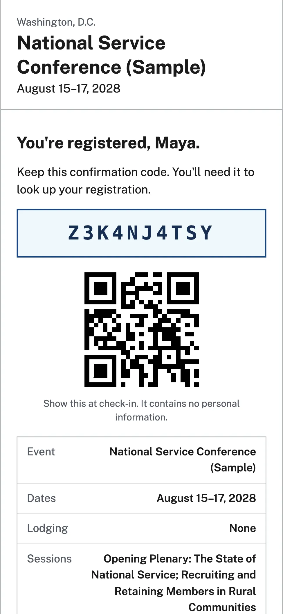 Unpodium registration confirmation on a phone, sample data