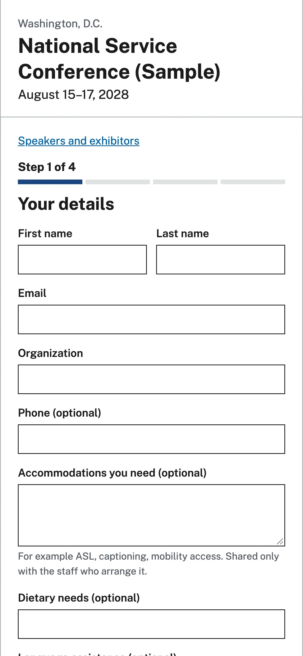 Unpodium attendee registration form on a phone, sample data